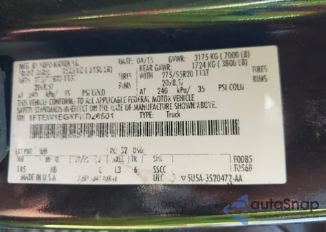 2015 Ford F-150 Lariat z USA, uszkodzony, nr VIN 1FTEW1EGXFKD26501